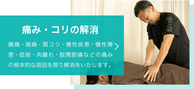 痛み・コリの解消 腰痛・頭痛・肩コリ・慢性疾患・慢性障害・捻挫・肉離れ・股関節痛などの痛みの根本的な原因を探り解消をいたします。